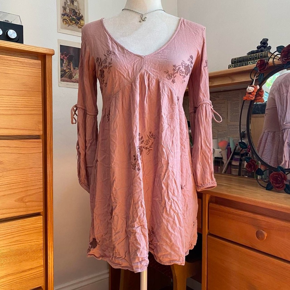 Light Pink Floral Embroidery Boho Long Sleeve Mini Dress